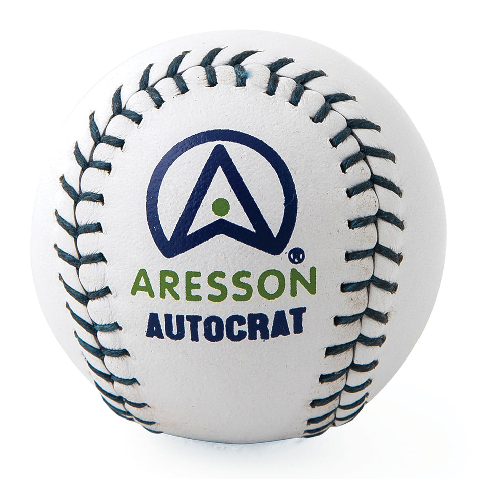 The Aresson Autocrat Rounders Ball White, featuring blue stitching and printed branding, is Rounders England approved—ideal for competitive play.