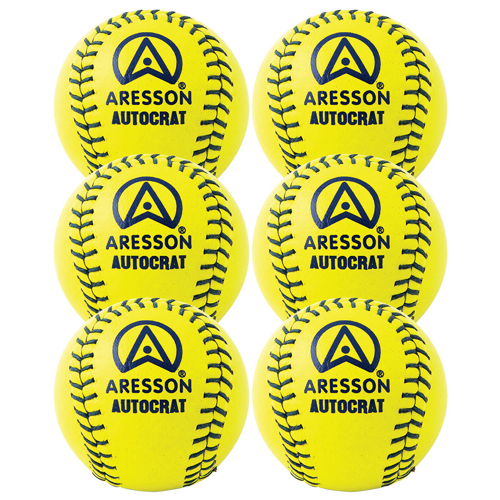 Six Aresson Autocrat Rounders Balls (yellow) with black stitching are arranged in two columns. Each ball displays bold blue Aresson branding, a circular logo, and is Rounders England Approved. Supplied as a 6 pack.
