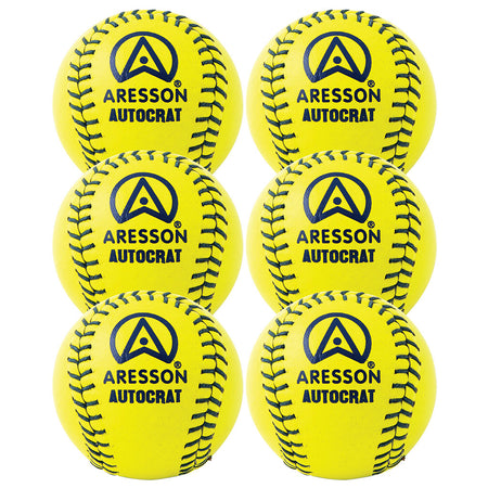 Six Aresson Autocrat Rounders Balls (yellow) with black stitching are arranged in two columns. Each ball displays bold blue Aresson branding, a circular logo, and is Rounders England Approved. Supplied as a 6 pack.