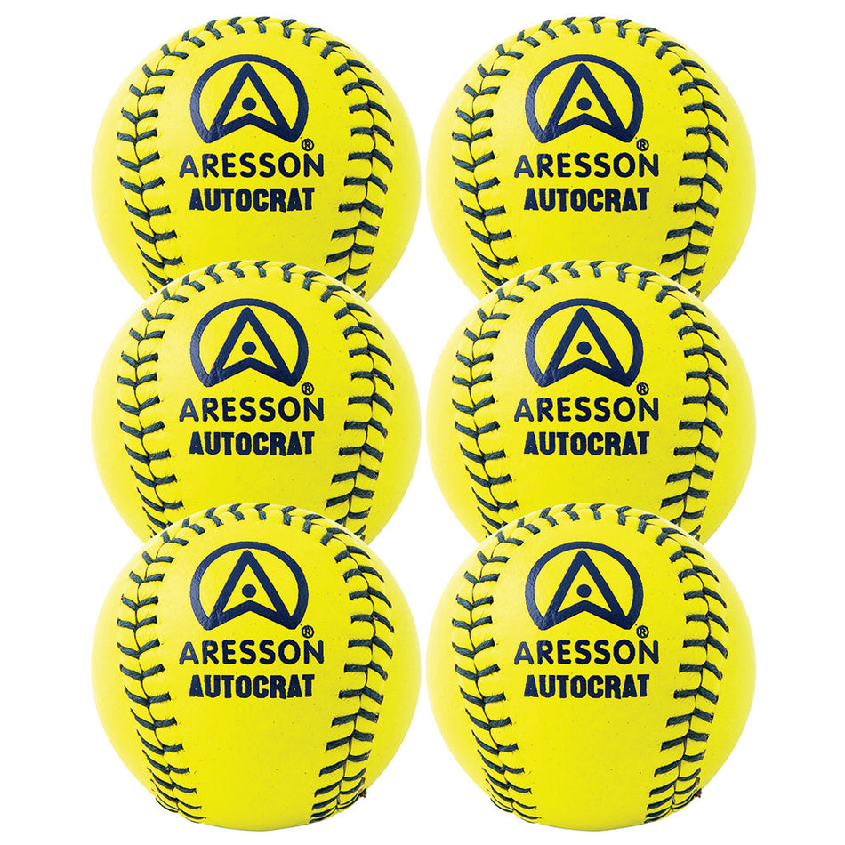 Six Aresson Autocrat Rounders Balls (yellow) with black stitching are arranged in two columns. Each ball displays bold blue Aresson branding, a circular logo, and is Rounders England Approved. Supplied as a 6 pack.