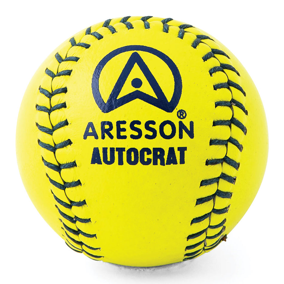 The Aresson Autocrat Rounders Ball (Yellow) is a bright fluorescent yellow ball with black stitching, featuring the Aresson logo and "Rounders England Approved" printed in black.
