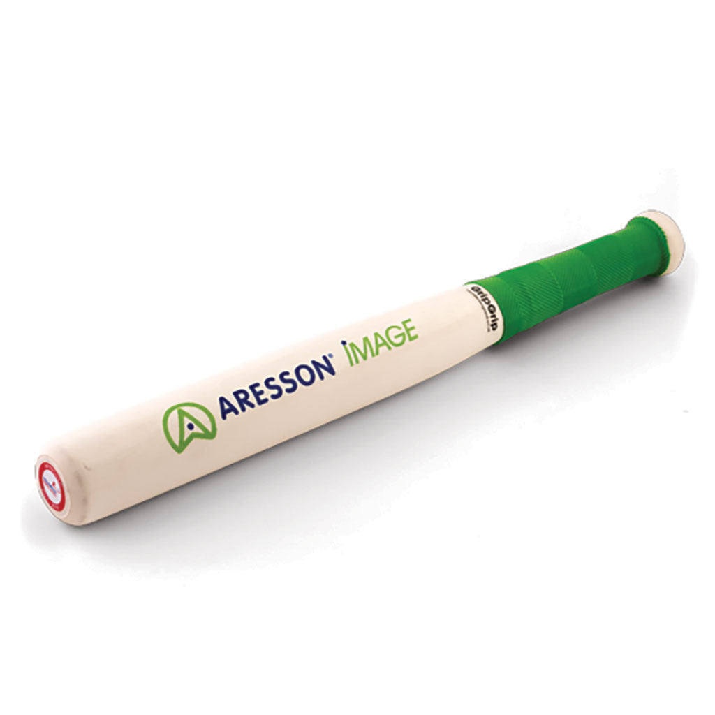 The Aresson Image Rounders Bat by Aresson is a cream-colored, England-approved training bat with "ARESSON IMAGE" printed in blue and green and a green grip handle—ideal for players of all skill levels.