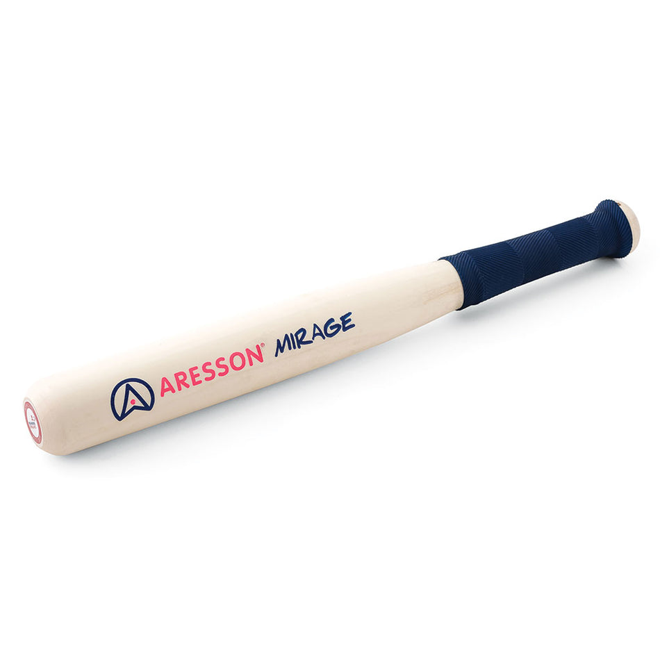 The Aresson Mirage Rounders Bat features a light wood finish, blue non-slip grip, spliced handle for durability, and "ARESSON MIRAGE" printed in pink and blue with the Aresson logo near the end.