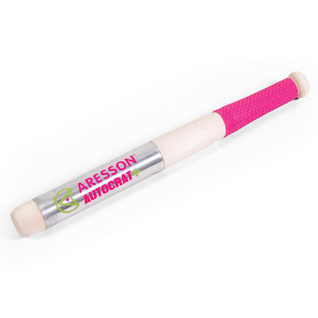 The Aresson Autocrat Plus Rounders Bat features a metal striking area, lightweight wooden handle and ends, pink non-slip grip, and a silver section with "Aresson Autocrat+" in pink and green lettering.
