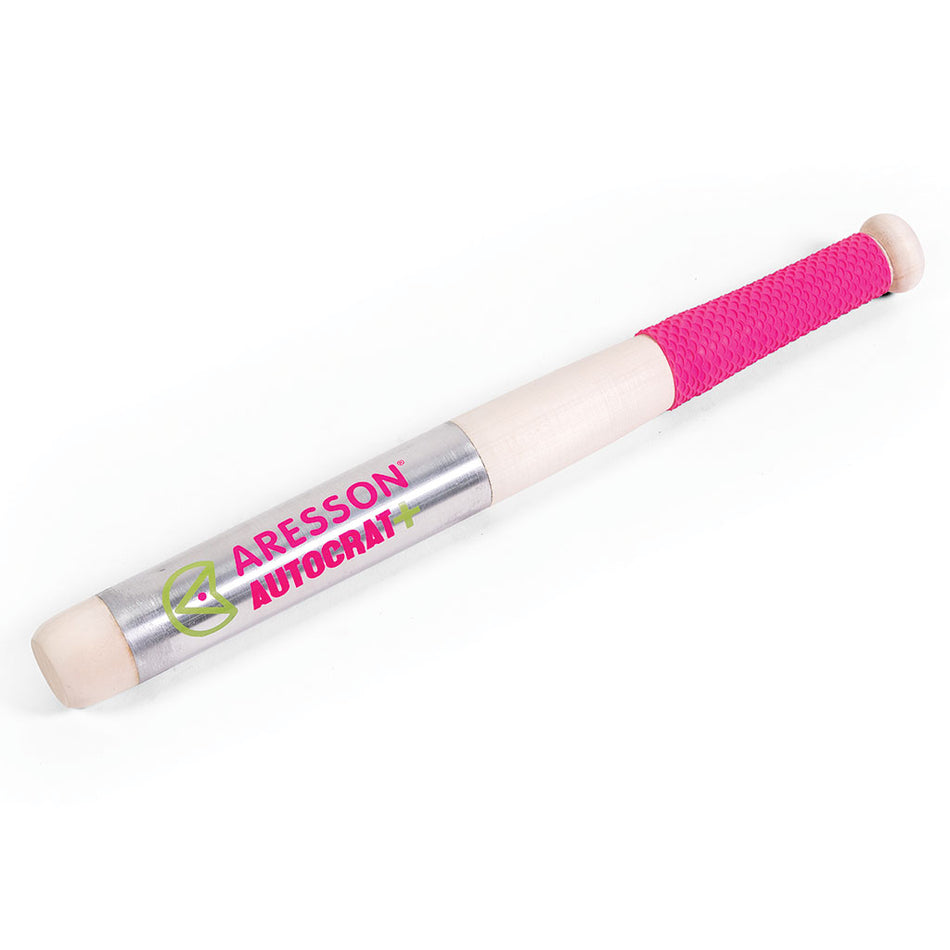 The Aresson Autocrat Plus Rounders Bat features a metal striking area, lightweight wooden handle and ends, pink non-slip grip, and a silver section with "Aresson Autocrat+" in pink and green lettering.