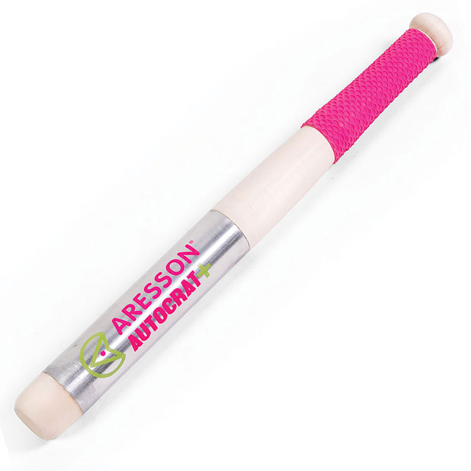 The Aresson Autocrat Plus Rounders Bat & Ball Pack by Aresson features a pink textured grip, metallic silver section with green and pink "ARESSON AUTOGRAPH+" lettering, and a light wood handle—ideal for your next rounders game.