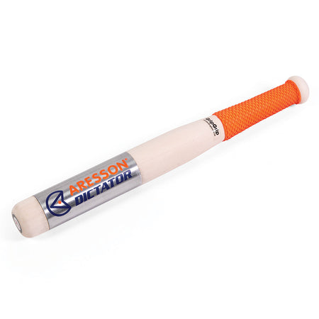 The Aresson Dictator Rounders Bat by Aresson features a lightweight wooden body, orange textured handle, and a silver label with blue and orange text for classic rounders style.