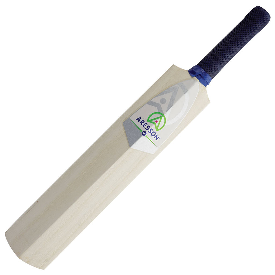 The Aresson Flatty Rounders Bat features a wooden flat blade, a dark blue textured handle, and the Aresson logo, making it perfect for training juniors or aspiring Bolton League players.