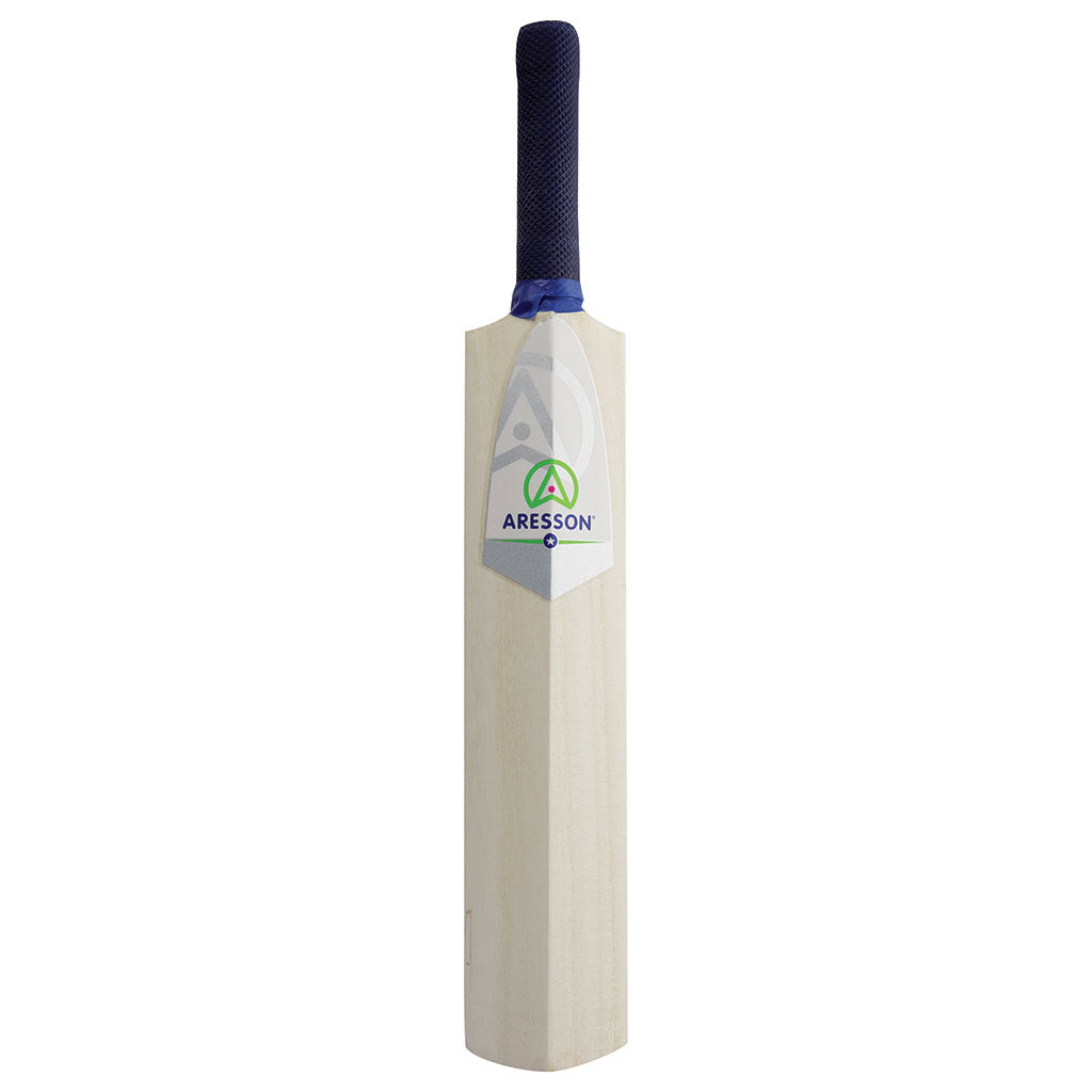 The Aresson Flatty Rounders Bat features a wooden flat design with a dark blue grip and Aresson branding, perfect for training juniors or aspiring Bolton League players. Shown upright against a white background.