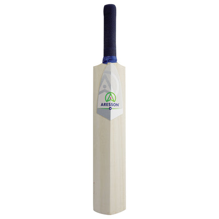 The Aresson Flatty Rounders Bat features a wooden flat design with a dark blue grip and Aresson branding, perfect for training juniors or aspiring Bolton League players. Shown upright against a white background.
