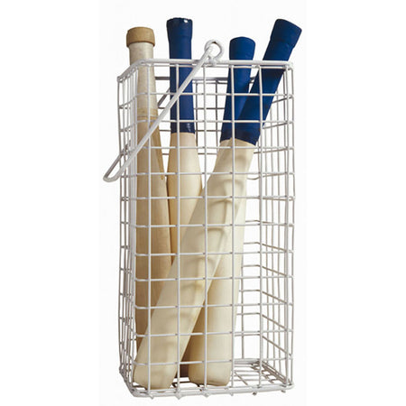 The Aresson Rounders Stick Basket is a plastic-coated steel mesh holder for four rounders bats—three with blue handles, one plain—standing upright, ideal for sports equipment storage.
