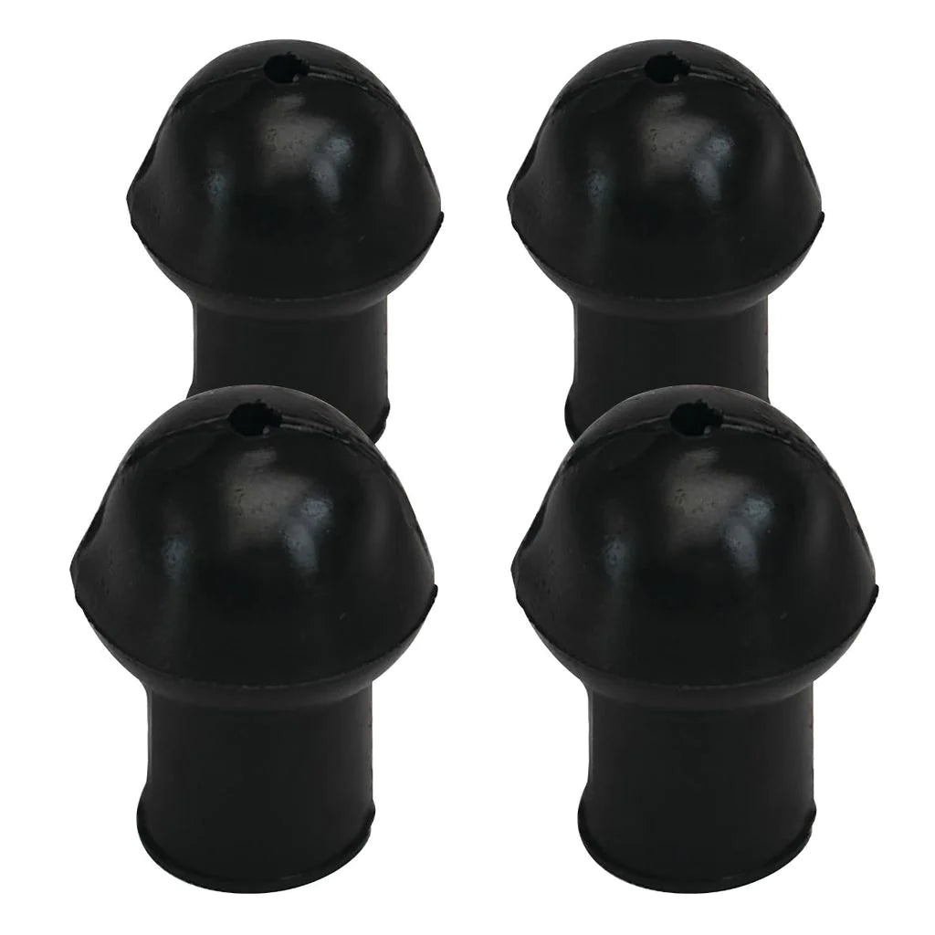 The Aresson Rounders Post Safety Pommel (Set of Four) features black, rounded rubber caps with cylindrical bases and top holes, designed for post moulded applications. Arranged in a 2x2 grid on a white background.