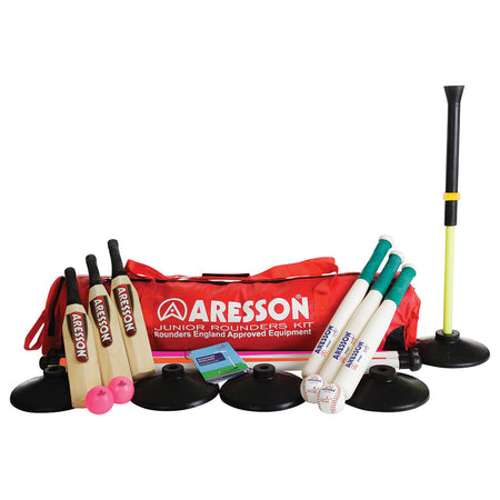 The Aresson Junior Rounders Set by Aresson includes bats, balls, bases, a batting tee, and a red equipment bag—ideal rounders equipment and training aids for kids, organized neatly for display.