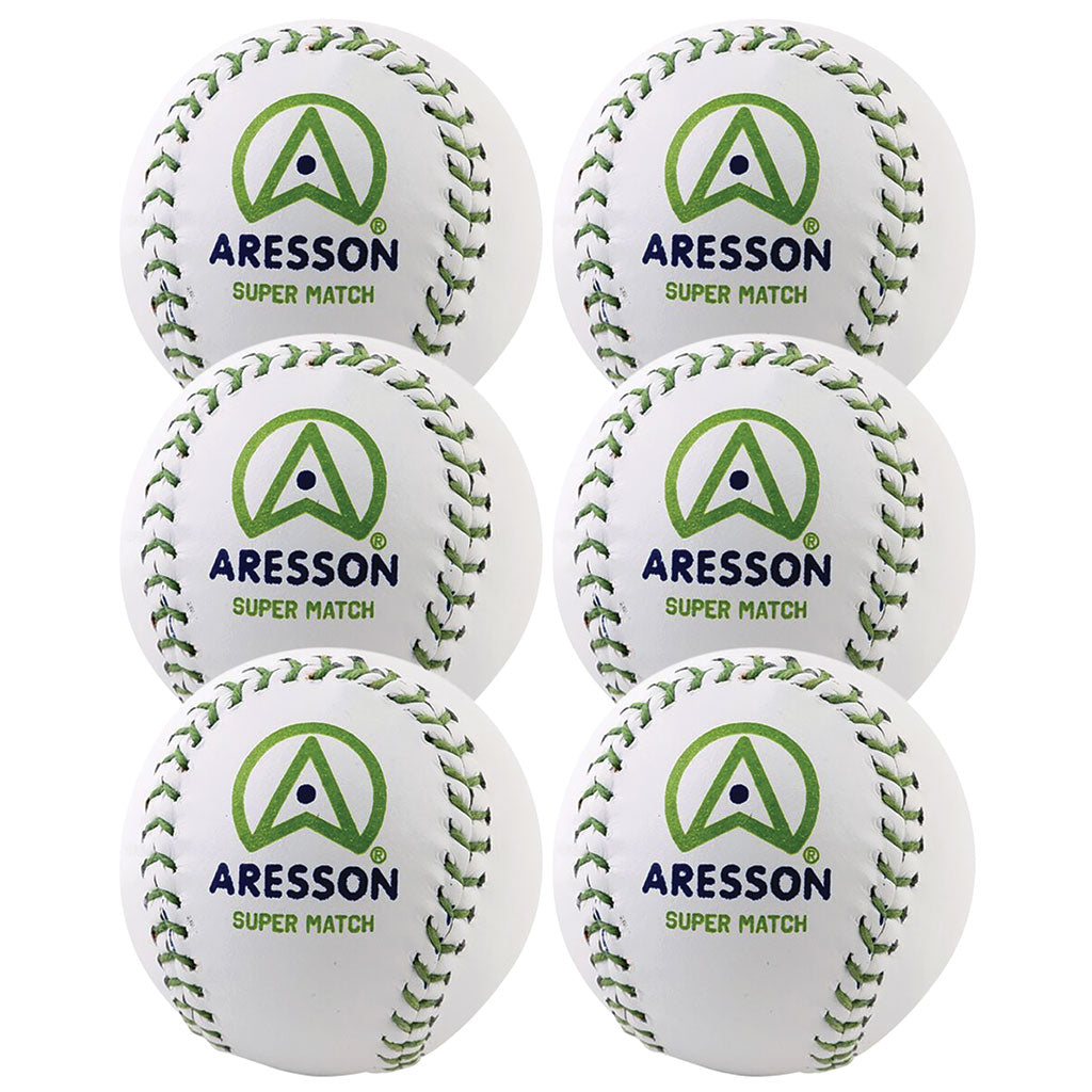 Six Aresson Super Match Rounders Balls, each with green stitching and the blue and green logo, are arranged in two columns of three. Supplied as a 6 pack by Aresson.