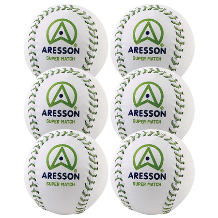 Six Aresson Super Match Rounders Balls, each with green stitching and the blue and green logo, are arranged in two columns of three. Supplied as a 6 pack by Aresson.