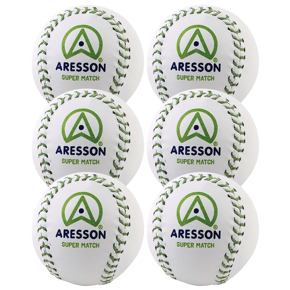 Six Aresson Super Match Rounders Balls, each with green stitching and the blue and green logo, are arranged in two columns of three. Supplied as a 6 pack by Aresson.