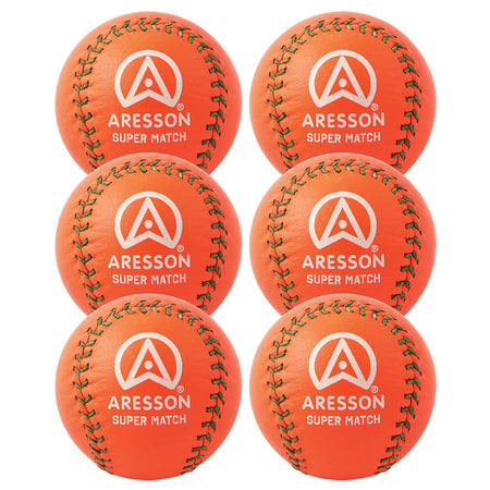Six Aresson Super Match Rounders Balls (orange, 6 pack) are displayed in two columns of three, each with green stitching and white Aresson branding and logo printed on the surface.