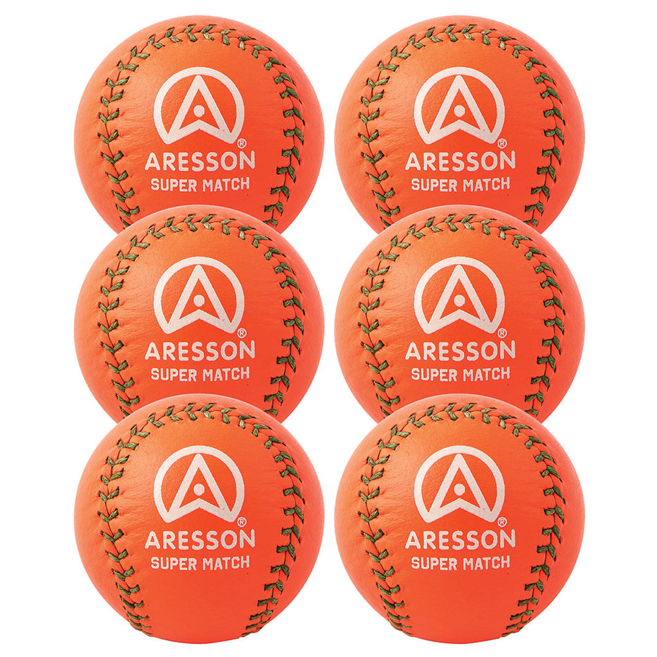 Six Aresson Super Match Rounders Balls (orange, 6 pack) are displayed in two columns of three, each with green stitching and white Aresson branding and logo printed on the surface.