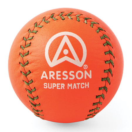 The Aresson Super Match Rounders Ball (Orange) features green stitching, the white Aresson logo, and "SUPER MATCH" text. Designed for matches, it meets international quality standards.