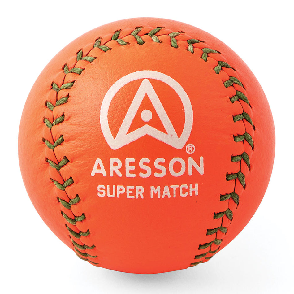 The Aresson Super Match Rounders Ball (Orange) features green stitching, the white Aresson logo, and "SUPER MATCH" text. Designed for matches, it meets international quality standards.