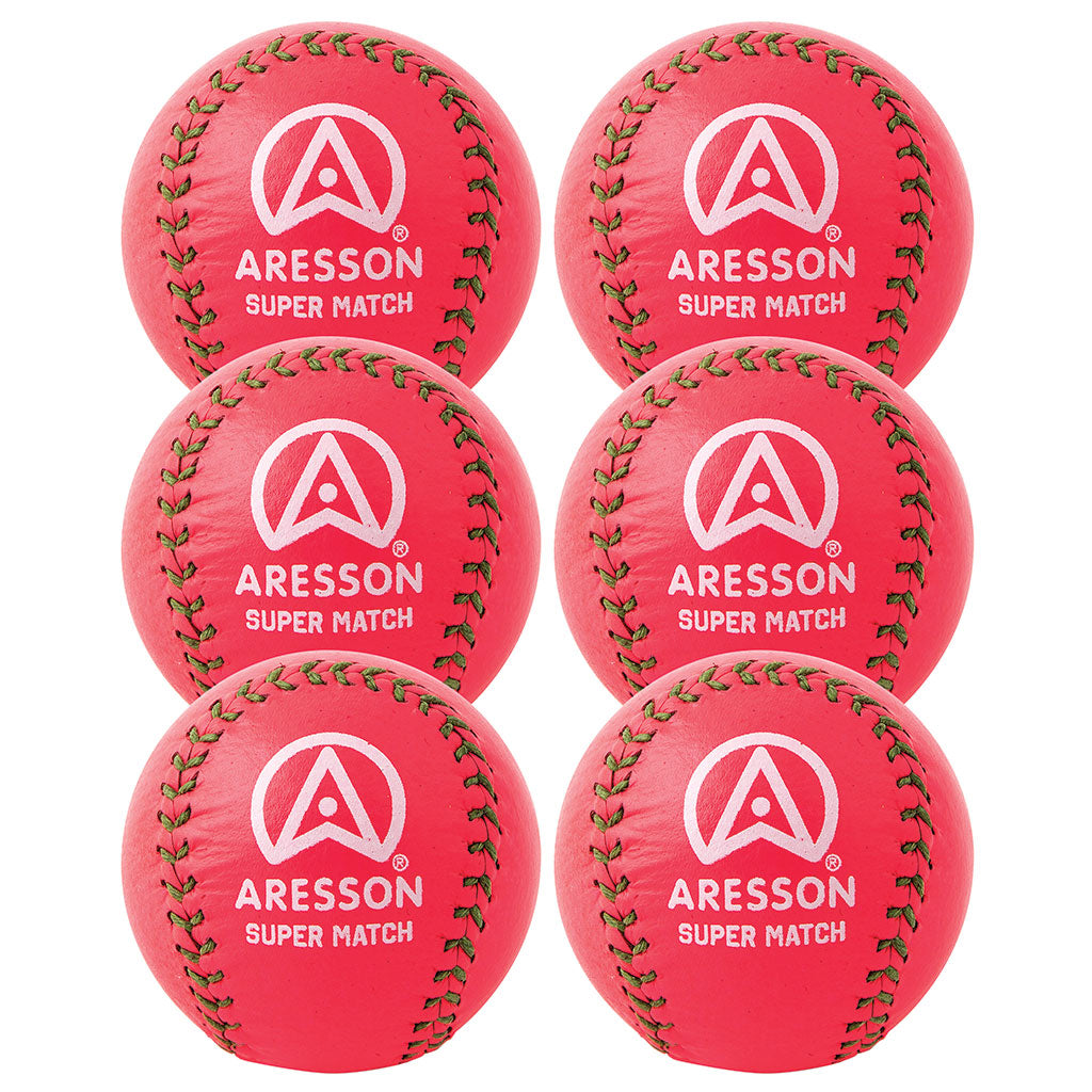 Six fluorescent pink Aresson Super Match Rounders Balls from the 6 Pack are arranged in two columns of three. Each ball features green stitching and the white Aresson logo and text.