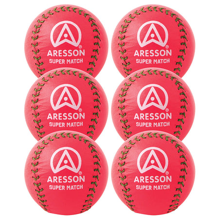 Six fluorescent pink Aresson Super Match Rounders Balls from the 6 Pack are arranged in two columns of three. Each ball features green stitching and the white Aresson logo and text.