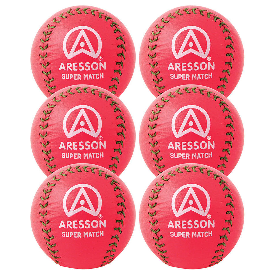 Six fluorescent pink Aresson Super Match Rounders Balls from the 6 Pack are arranged in two columns of three. Each ball features green stitching and the white Aresson logo and text.