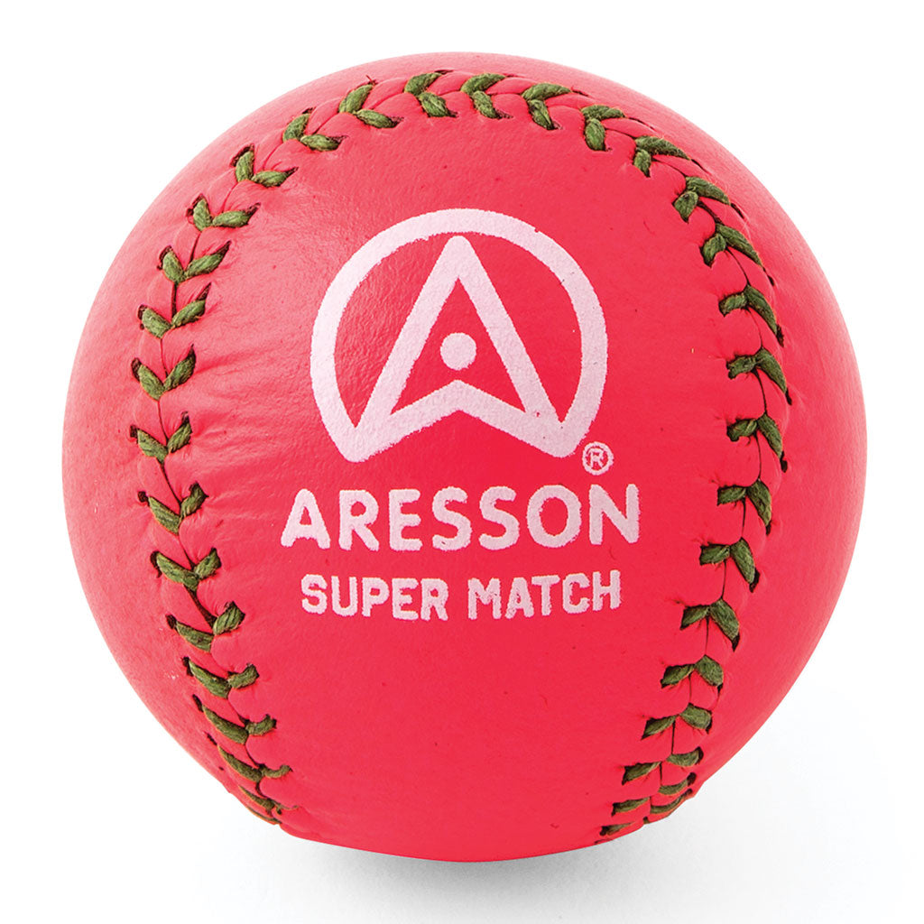 The Aresson Super Match Rounders Ball (Pink) features green stitching, white "ARESSON SUPER MATCH" text and logo, and is Rounders England Approved. It is shown isolated on a white background. Brand: Aresson.