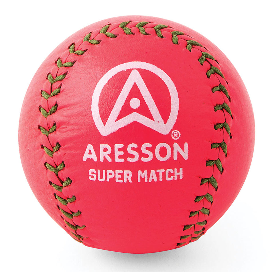 The Aresson Super Match Rounders Ball (Pink) features green stitching, white "ARESSON SUPER MATCH" text and logo, and is Rounders England Approved. It is shown isolated on a white background. Brand: Aresson.
