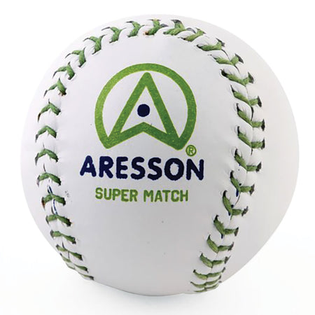 The Aresson Super Match Rounders Ball is a white, round ball with green stitching and the Aresson logo, approved by Rounders England for match play.