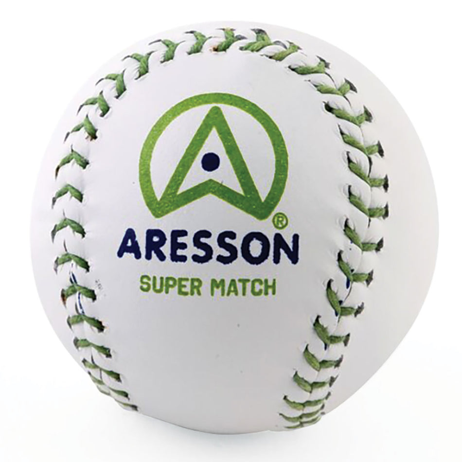 The Aresson Super Match Rounders Ball is a white, round ball with green stitching and the Aresson logo, approved by Rounders England for match play.