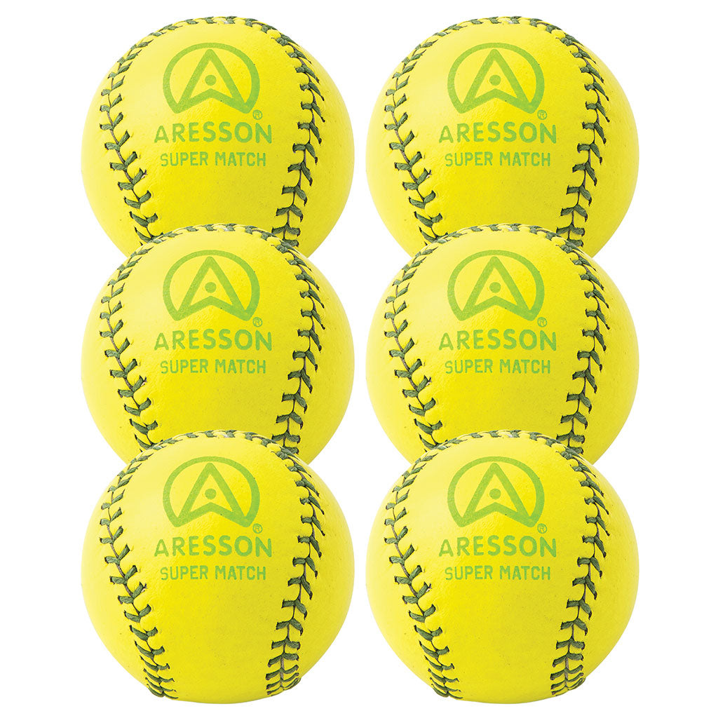 Six Aresson Super Match Rounders Balls (yellow), supplied in a 6 pack, feature green stitching and the green Aresson logo, and are arranged in two rows of three.