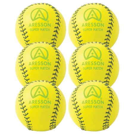 Six Aresson Super Match Rounders Balls (yellow), supplied in a 6 pack, feature green stitching and the green Aresson logo, and are arranged in two rows of three.