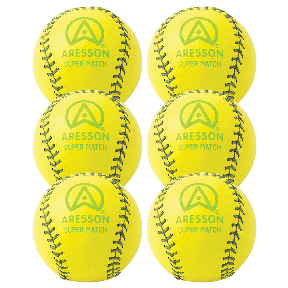Six Aresson Super Match Rounders Balls (yellow), supplied in a 6 pack, feature green stitching and the green Aresson logo, and are arranged in two rows of three.
