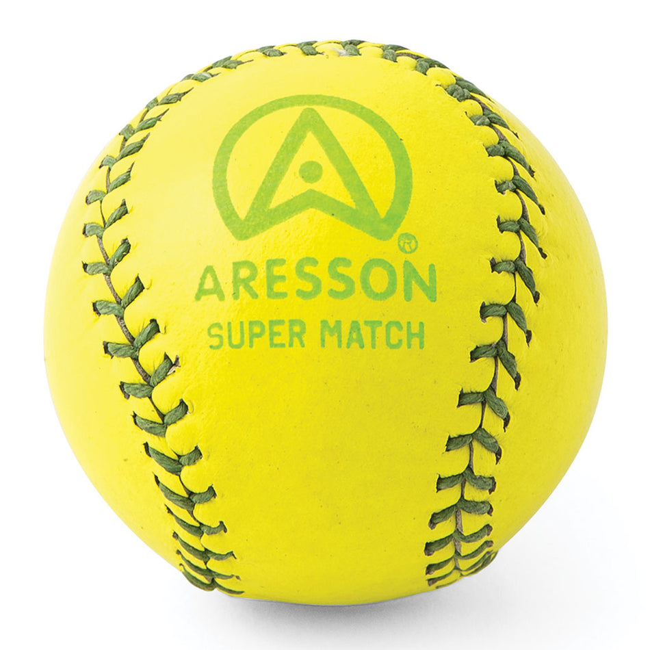 The Aresson Super Match Rounders Ball (Yellow) by Aresson features green stitching and branding, and is a Rounders England Approved match ball.