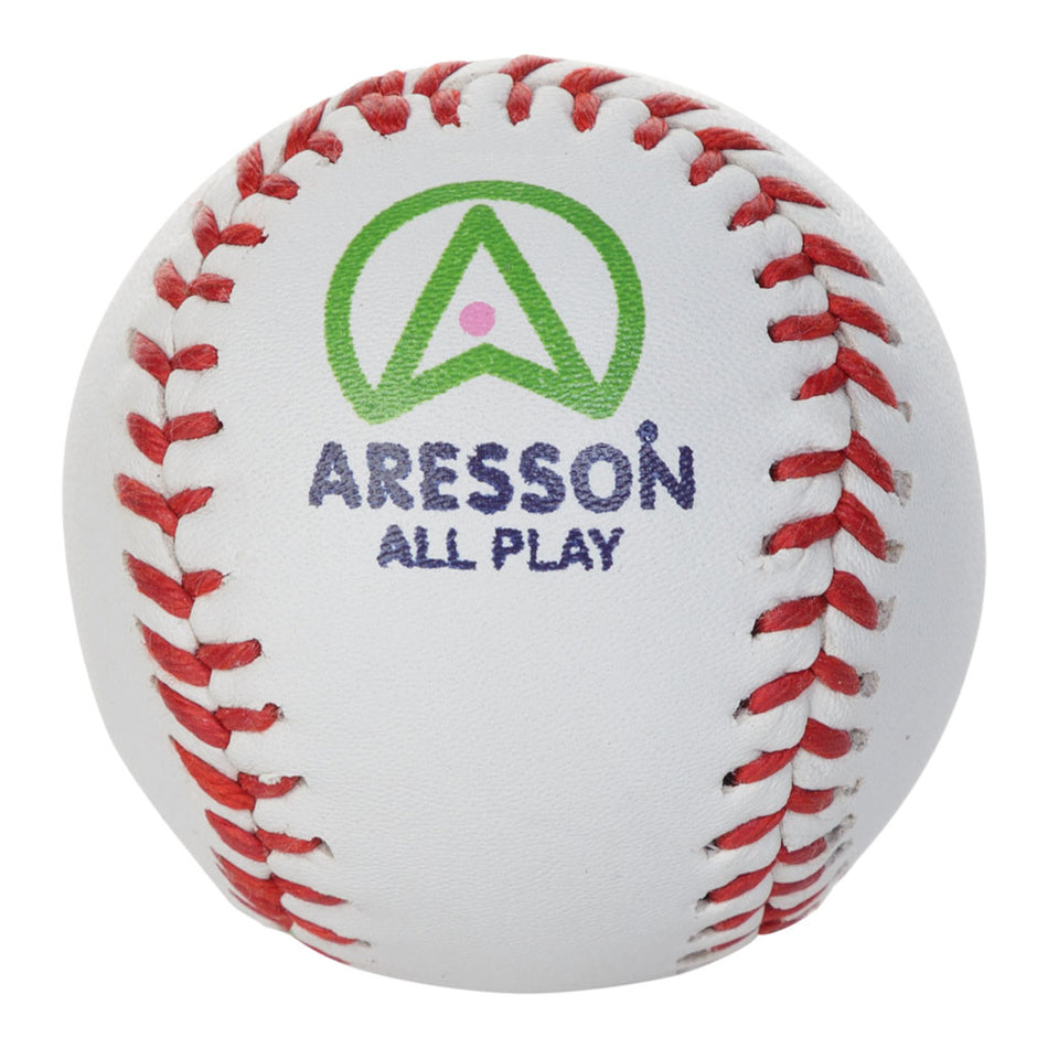 The Aresson All Play Practice Rounders Ball is a white synthetic ball with red stitching, featuring the green and pink Aresson logo and "ARESSON ALL PLAY" in navy blue—ideal for training or friendly games.
