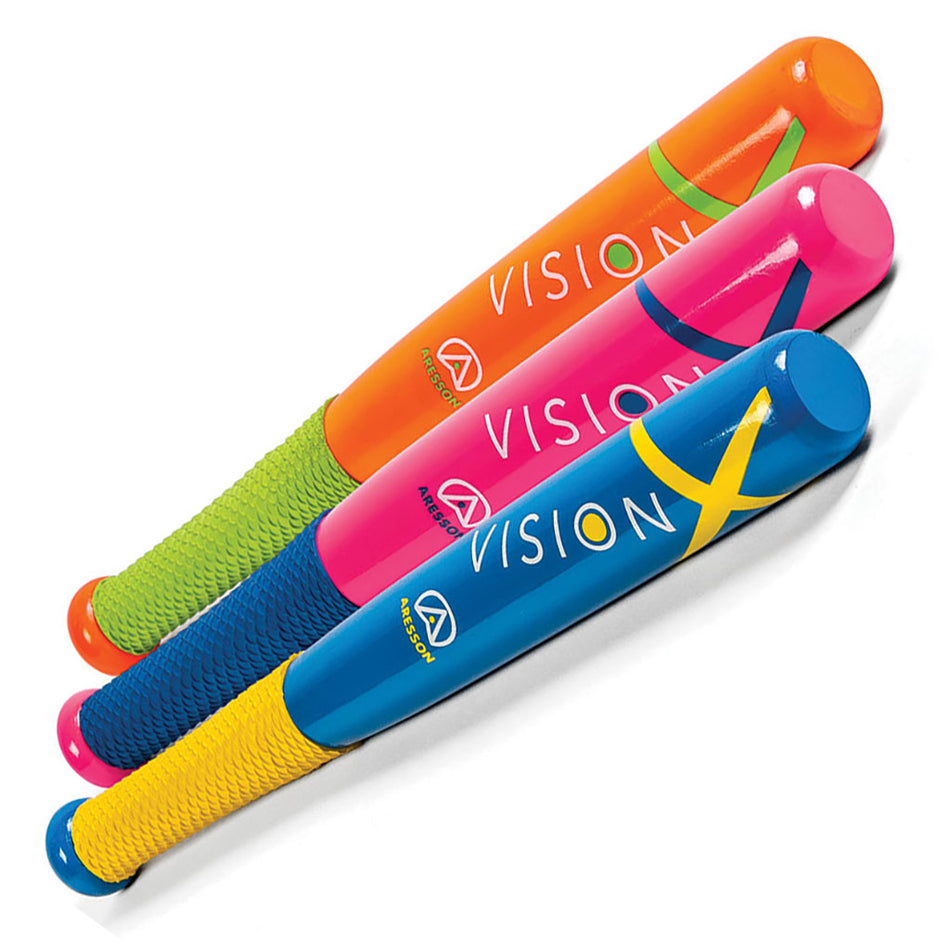 Three Aresson Vision-X Rounders Bats are displayed diagonally. Each bat features a non-slip grip and textured handle in contrasting colors: orange/green, pink/blue, and blue/yellow, with VISION branding.