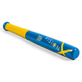 The Aresson Vision-X Rounders Bat features a blue design, non-slip yellow grip, and "VISION X" branding—an ideal addition to any rounders bat collection.