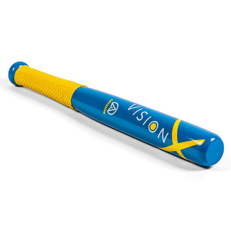 The Aresson Vision-X Rounders Bat features a blue design, non-slip yellow grip, and "VISION X" branding—an ideal addition to any rounders bat collection.