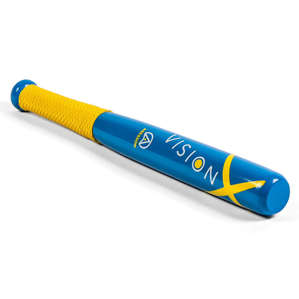 The Aresson Vision-X Rounders Bat features a blue design, non-slip yellow grip, and "VISION X" branding—an ideal addition to any rounders bat collection.