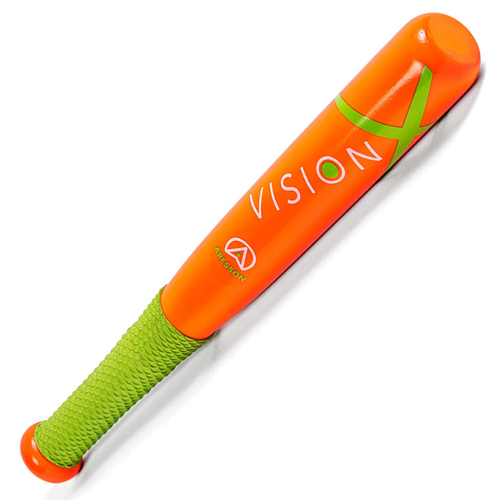 The Aresson Vision-X Rounders Bat by Aresson is orange, featuring a green non-slip grip, "VISION" in white letters, a large green X design, and a white logo beneath the text.