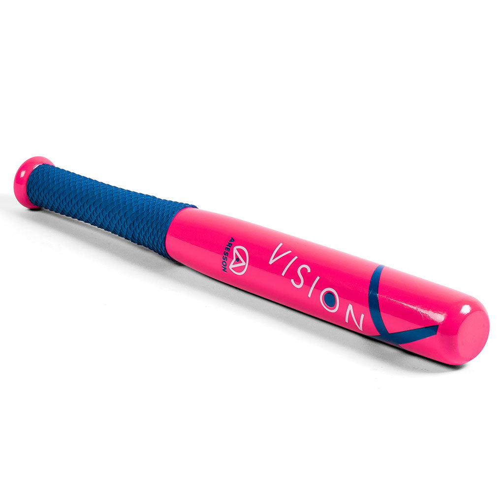The Aresson Vision-X Rounders Bat is a pink bat with a blue non-slip grip handle and "VISION" in white letters along the side, inspired by Vision-X rounders bats.