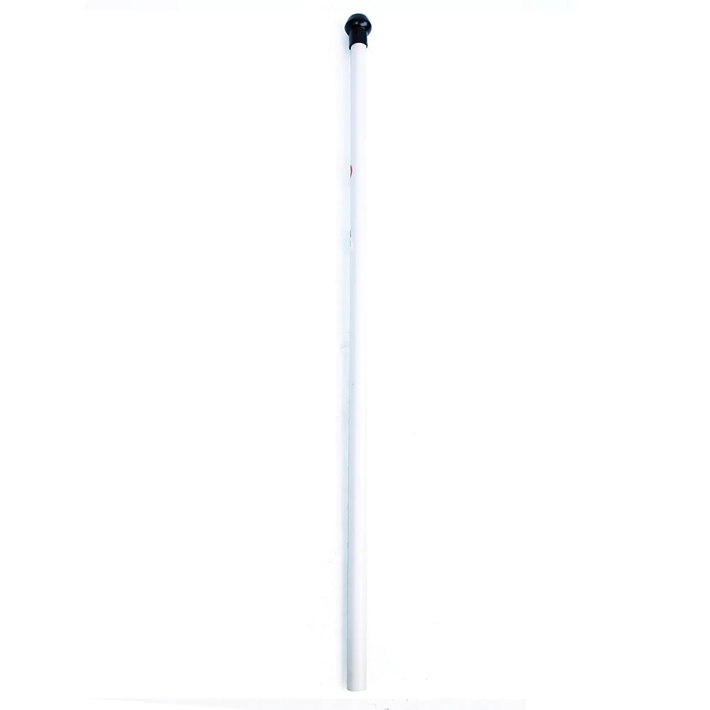 A white Aresson Plastic Rounders Post with Safety Pommel, standing vertically against a plain white background, resembles a long cane with a black handle.