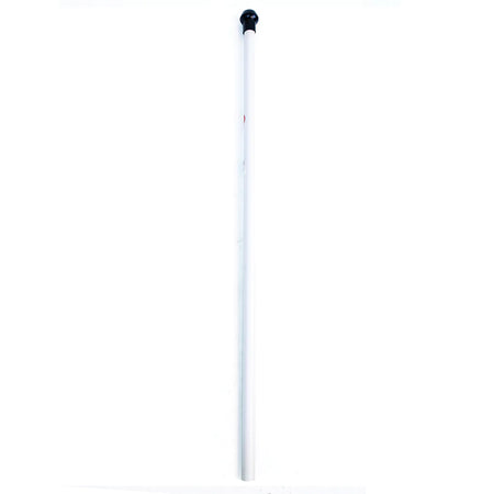 A white Aresson Plastic Rounders Post with Safety Pommel, standing vertically against a plain white background, resembles a long cane with a black handle.