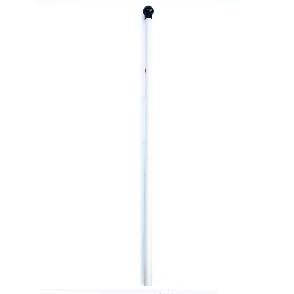 A white Aresson Plastic Rounders Post with Safety Pommel, standing vertically against a plain white background, resembles a long cane with a black handle.