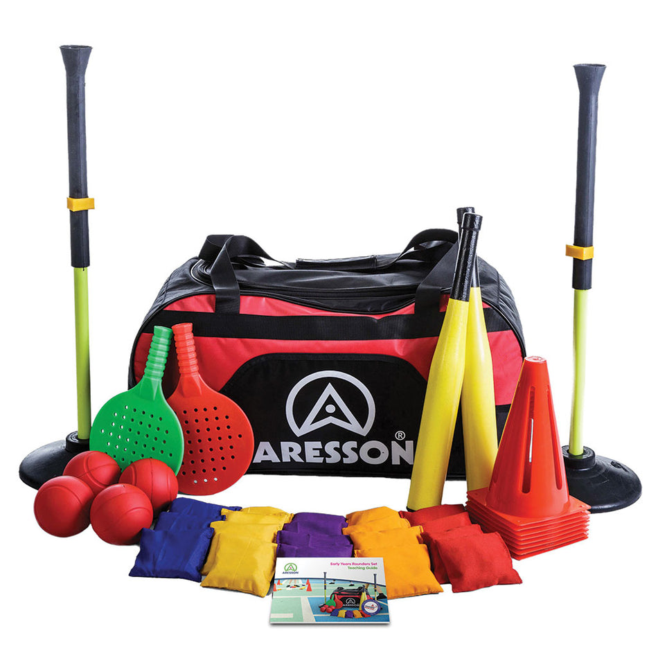 The Aresson Starter Rounders Set includes a black and red bag, 2 yellow bats, 2 black tees, cones, paddles, red balls, colorful beanbags, and an instruction booklet—ideal for building early years rounders skills.