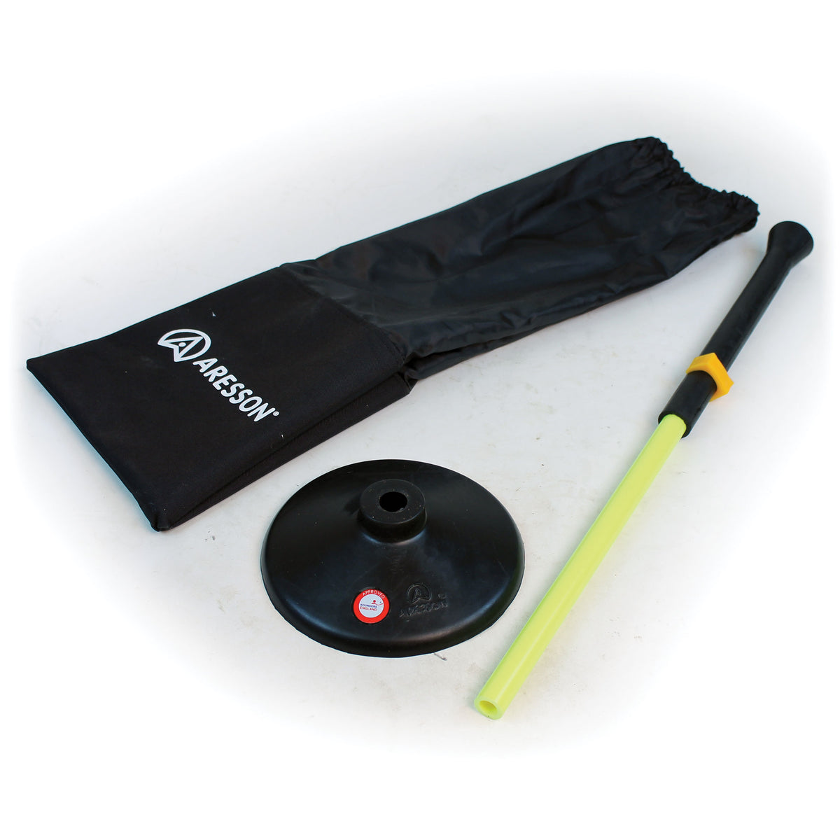 The Aresson Batting Tee & Base with Bag set includes a black base, adjustable yellow pole, black bat with yellow grip, and branded carrying bag—ideal for beginner batting practice.