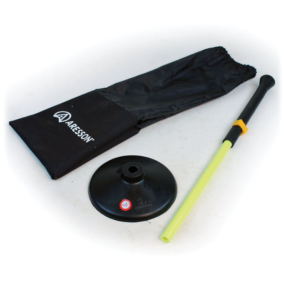 The Aresson Batting Tee & Base with Bag set includes a black base, adjustable yellow pole, black bat with yellow grip, and branded carrying bag—ideal for beginner batting practice.