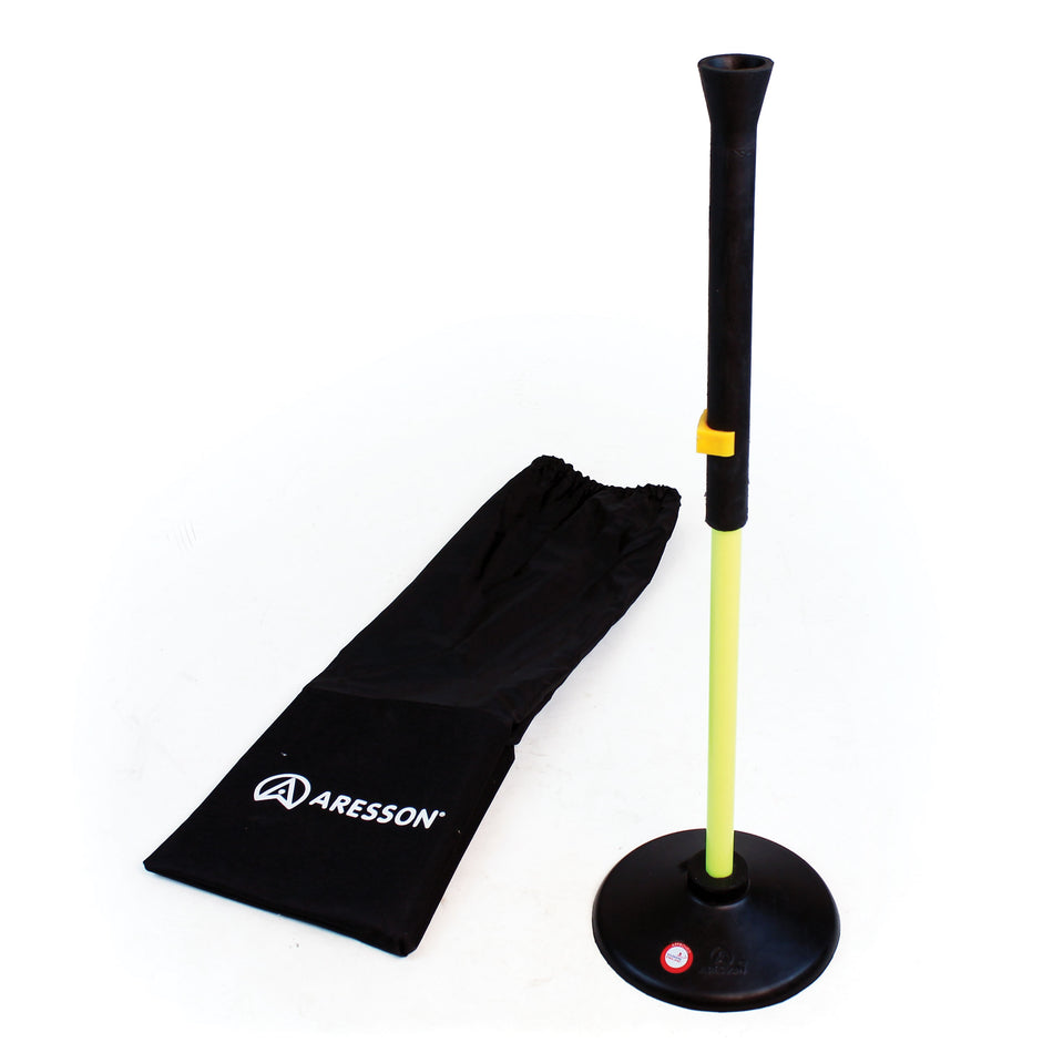 The Aresson Batting Tee & Base with Bag features adjustable height, a round base, and comes with a branded black carrying bag—perfect for beginner practice sessions.