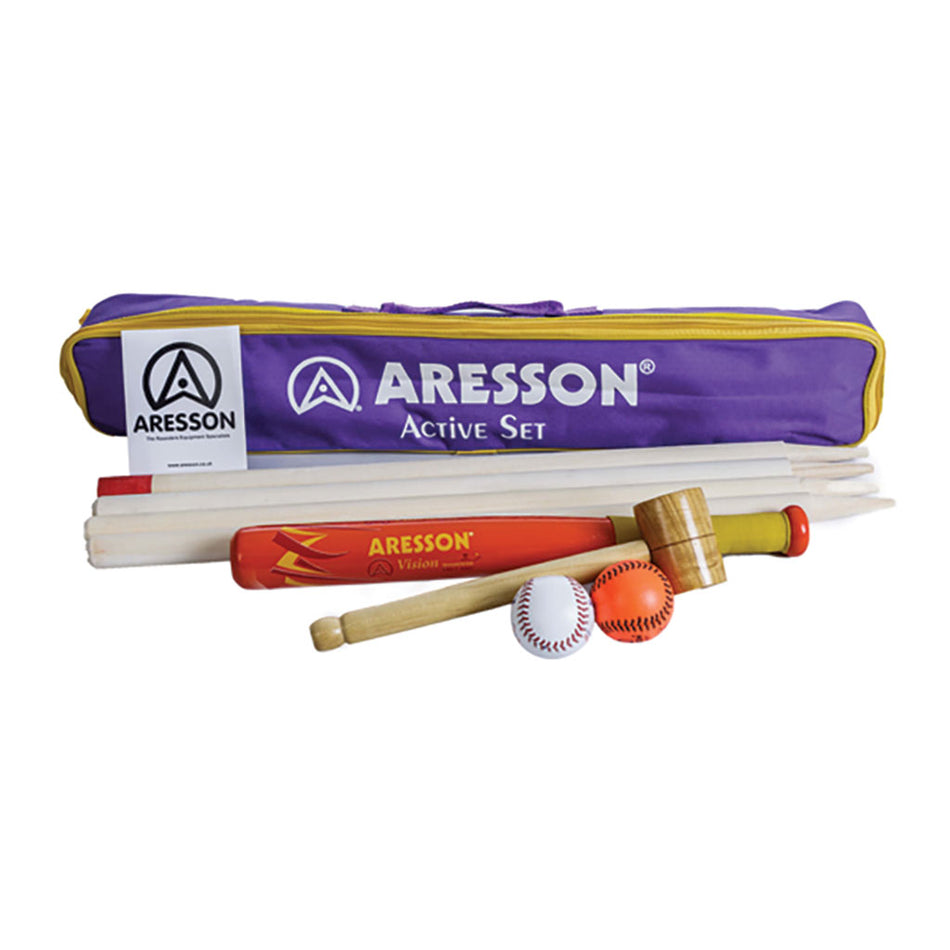 The Aresson Active Rounders Set by Aresson includes a purple and yellow bag, cricket stumps, wooden bat, mallet, rounders bat, tennis ball, and orange ball—everything needed for a fun rounders game.